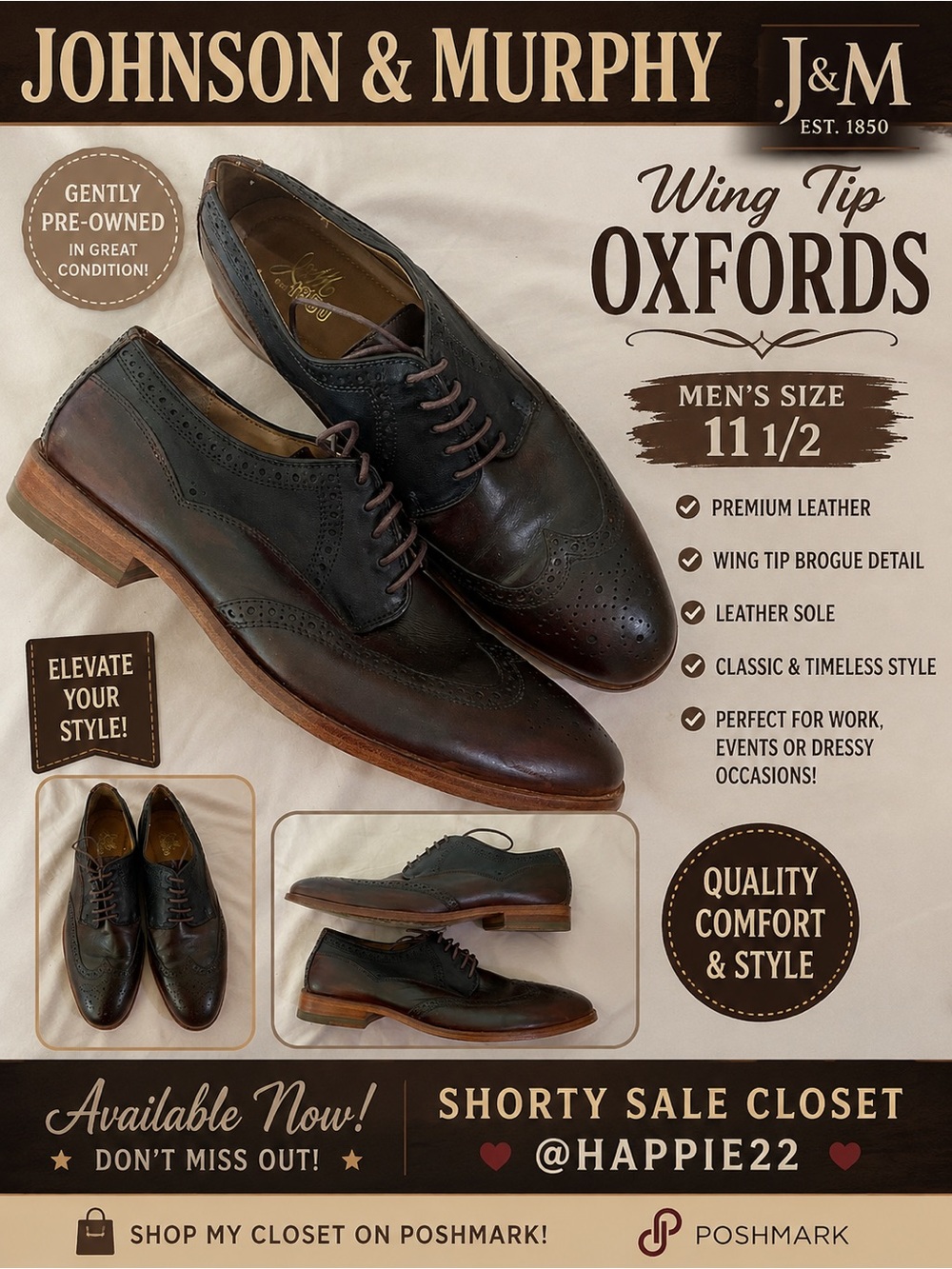 Johnson and Murphy Classic Two-Tone Wingtip Oxfords in Browns Sz 11.5M
